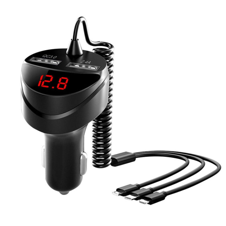 C68 LED Digital Display QC3.0 Fast Car Charger 3 in 1 with Spring Cable(Black) - In Car by buy2fix | Online Shopping UK | buy2fix