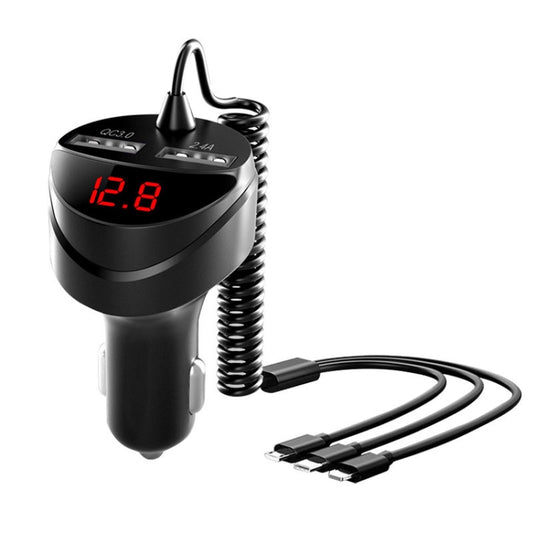 C68 LED Digital Display QC3.0 Fast Car Charger 3 in 1 with Spring Cable(Black) by buy2fix
