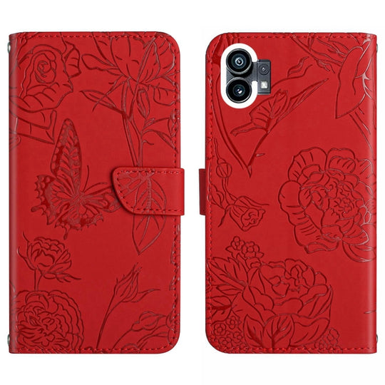 For Nothing Phone 1 HT03 Skin Feel Butterfly Embossed Flip Leather Phone Case(Red)