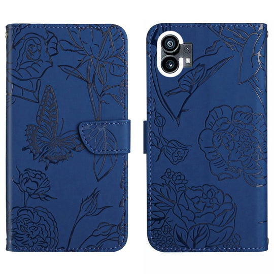For Nothing Phone 1 HT03 Skin Feel Butterfly Embossed Flip Leather Phone Case(Blue)