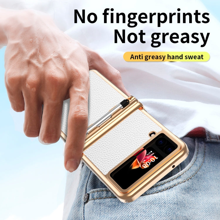 For Samsung Galaxy Z Flip4 Litchi Texture Leather Hinged Electroplated Phone Case with Pen(Gold White) - Samsung Accessories by buy2fix | Online Shopping UK | buy2fix