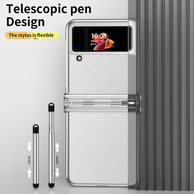 For Samsung Galaxy Z Flip4 Litchi Texture Leather Hinged Electroplated Phone Case with Pen(Silver White) - Samsung Accessories by buy2fix | Online Shopping UK | buy2fix