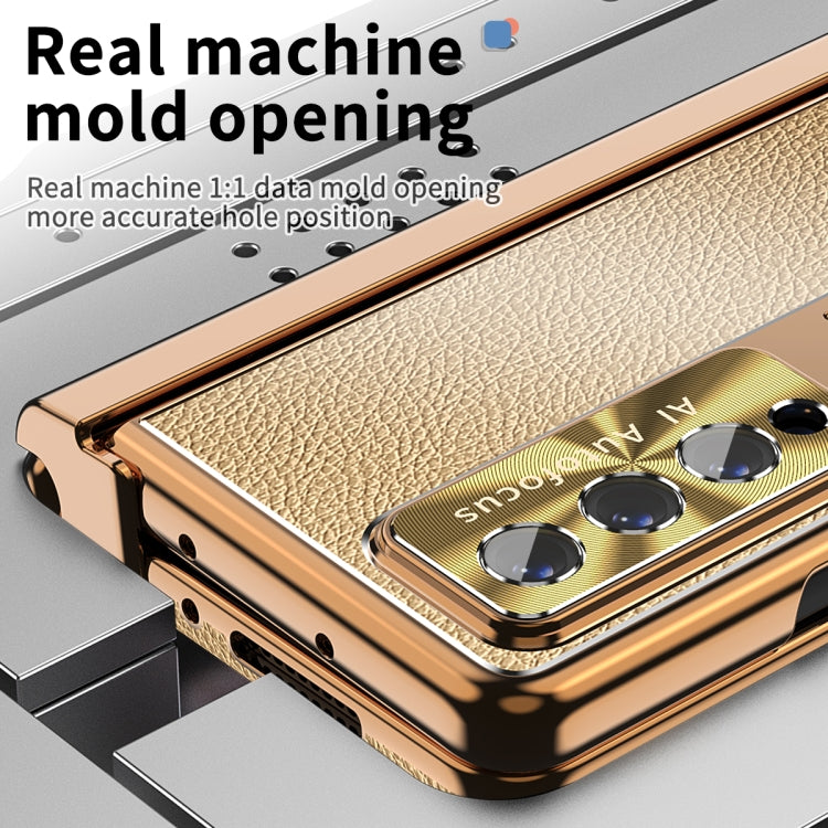 For Samsung Galaxy Z Fold3 5G Litchi Pattern Magnetic Shell Film Integrated Shockproof Phone Case(Gold) - Galaxy Phone Cases by buy2fix | Online Shopping UK | buy2fix