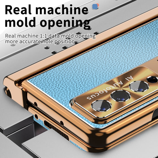 For Samsung Galaxy Z Fold4 Litchi Pattern Magnetic Shell Film Integrated Shockproof Phone Case(Blue Gold) by buy2fix