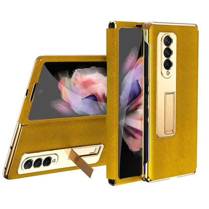 For Samsung Galaxy Z Fold3 5G Cross Texture Integrated Electroplating Hinge Flip Phone Case with Tempered Film(Gold) by buy2fix