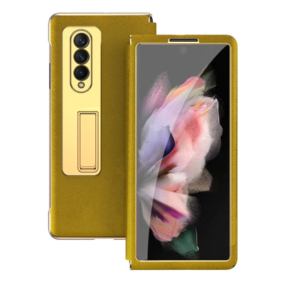 For Samsung Galaxy Z Fold3 5G Cross Texture Integrated Electroplating Hinge Flip Phone Case with Tempered Film(Gold) by buy2fix
