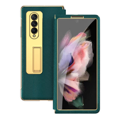 For Samsung Galaxy Z Fold3 5G Cross Texture Integrated Electroplating Hinge Flip Phone Case with Tempered Film(Cyan) - Galaxy Phone Cases by buy2fix | Online Shopping UK | buy2fix