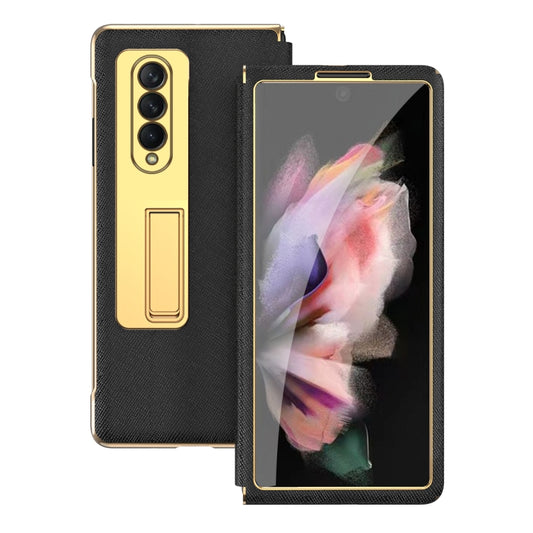 For Samsung Galaxy Z Fold4 Cross Texture Integrated Electroplating Hinge Flip Phone Case with Tempered Film(Black) by buy2fix