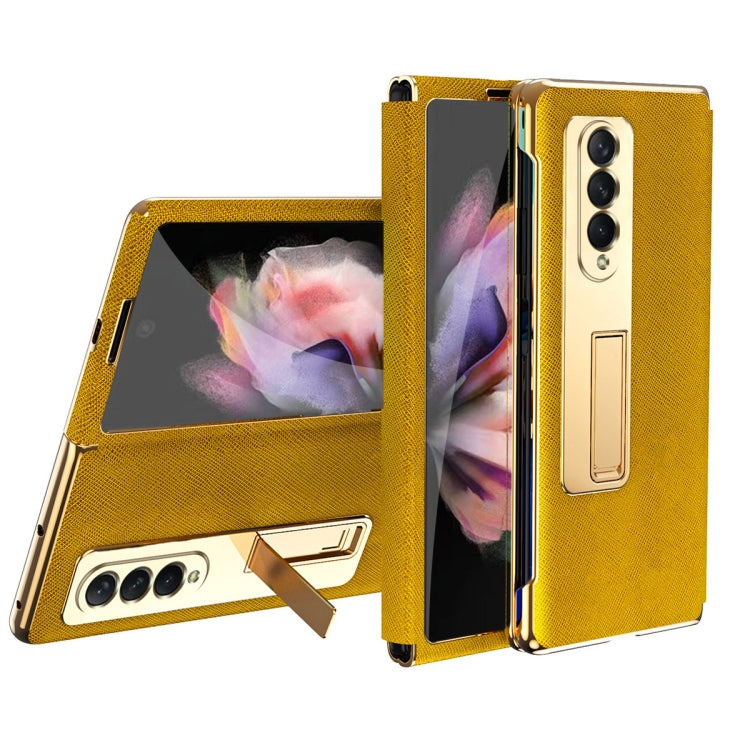 For Samsung Galaxy Z Fold4 Cross Texture Integrated Electroplating Hinge Flip Phone Case with Tempered Film(Gold) - Galaxy Z Fold4 5G Cases by buy2fix | Online Shopping UK | buy2fix