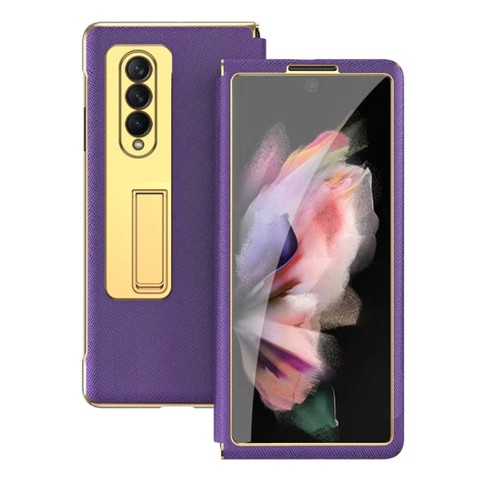 For Samsung Galaxy Z Fold4 Cross Texture Integrated Electroplating Hinge Flip Phone Case with Tempered Film(Purple) by buy2fix