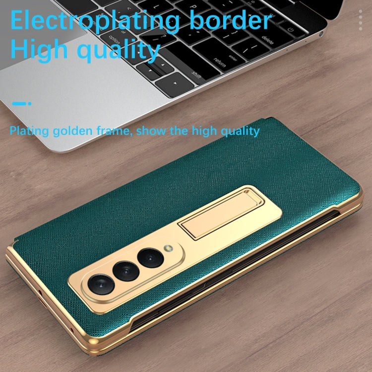 For Samsung Galaxy Z Fold4 Cross Texture Integrated Electroplating Hinge Flip Phone Case with Tempered Film(Gold) - Galaxy Z Fold4 5G Cases by buy2fix | Online Shopping UK | buy2fix