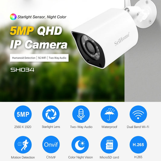 SriHome SH034 5.0MP Mini Dual 2.4 / 5G WiFi Outdoor IP66Waterproof Video Surveillance Color Night Vision Security CCTV Cam, Plug Type:AU Plug(White) by buy2fix