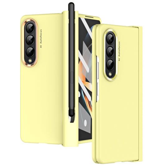 For Samsung Galaxy Z Fold4 Skin Feel Two-color Contact Lens Hinge Flip Phone Case with Pen Slot(Yellow)
