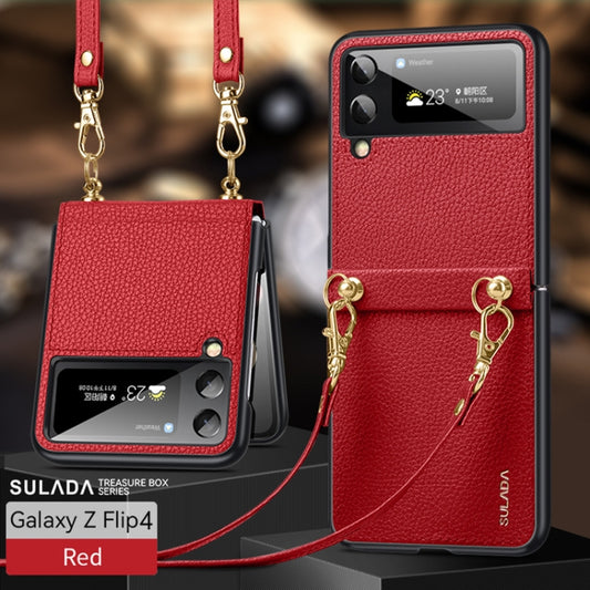 For Samsung Galaxy Z Flip4 SULADA Litchi Texture Leather + TPU Phone Case with Strap(Red) by SULADA