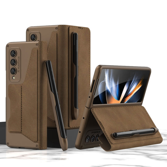 For Samsung Galaxy Z Fold4 GKK Armor Flip Leather Phone Case with Pen Slots(Brown)