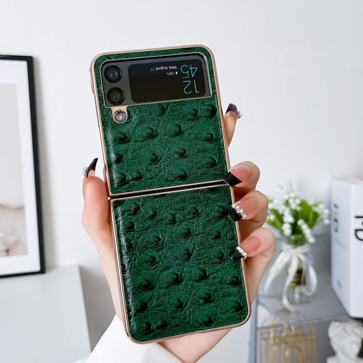 For Samsung Galaxy Z Flip3 5G Genuine Leather Ostrich Texture Nano Electroplating Phone Case(Green) by buy2fix