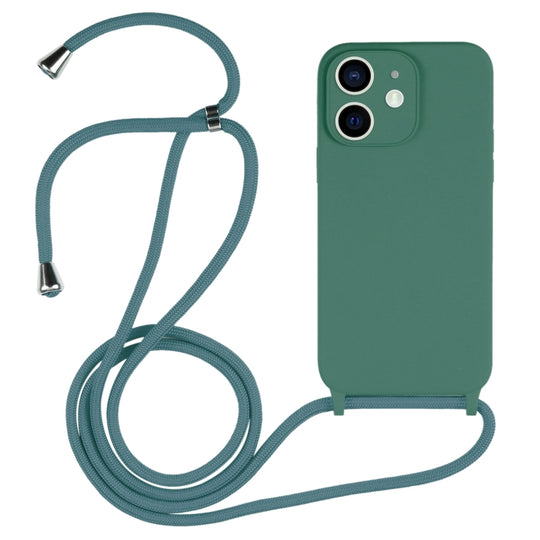 For iPhone 12 Crossbody Lanyard Liquid Silicone Case(Pine Needle Green)