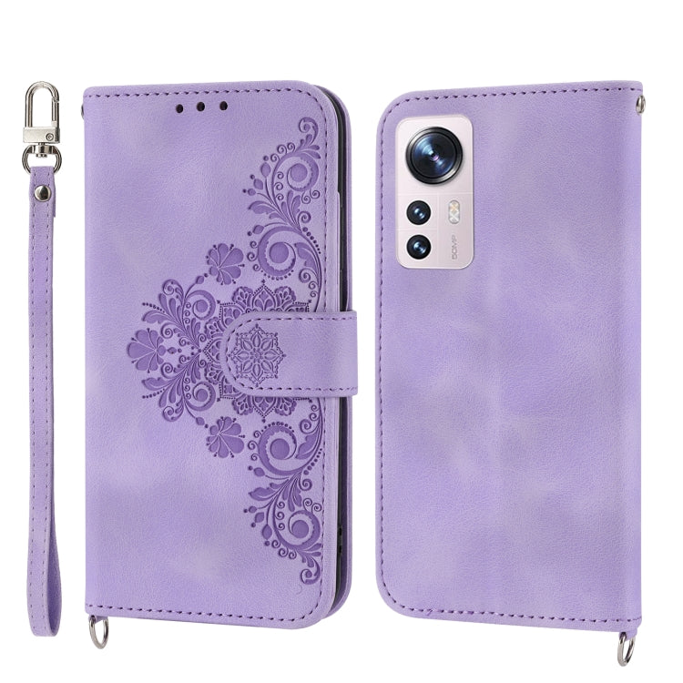 For Xiaomi 12 / 12X Skin-feel Flowers Embossed Wallet Leather Phone Case(Purple) - 12 Cases by buy2fix | Online Shopping UK | buy2fix