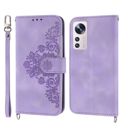 For Xiaomi 12 / 12X Skin-feel Flowers Embossed Wallet Leather Phone Case(Purple) - 12 Cases by buy2fix | Online Shopping UK | buy2fix