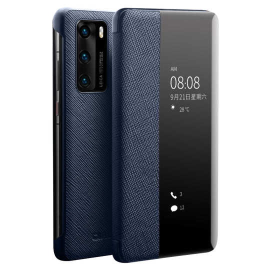 For Huawei P40 QIALINO Puda Texture Side Window View Leather Phone Case(Blue)