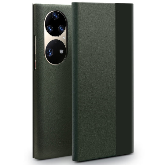 For Huawei P50 Pro QIALINO Magnetic Side Window View Genuine Leather Smart Phone Case(Green)