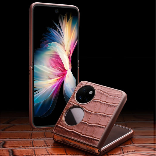 For Huawei P50 Pocket QIALINO Crocodile Pattern Genuine Leather Phone Case(Brown) by QIALINO