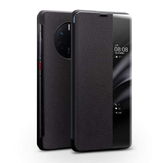 For Huawei Mate 50 Pro QIALINO Genuine Leather Side Window View Smart Phone Case(Black)