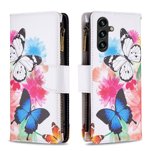 For Samsung Galaxy A14 5G Colored Drawing Pattern Zipper Leather Phone Case(Two Butterflies) by buy2fix