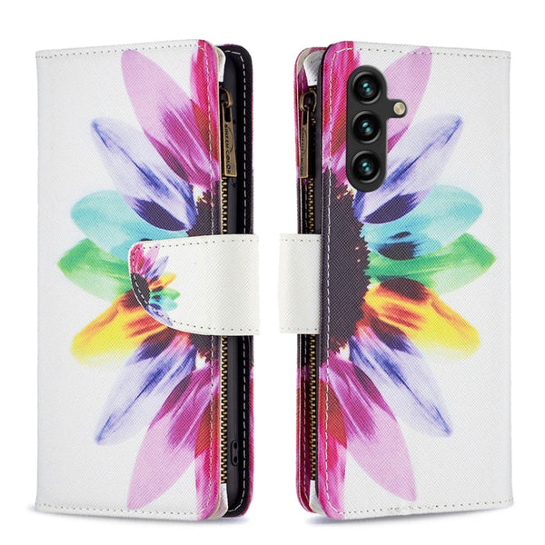 For Samsung Galaxy A14 5G Colored Drawing Pattern Zipper Leather Phone Case(Sun Flower) by buy2fix