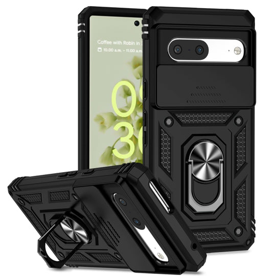 Pour Google Pixel 7 5G Étui de téléphone avec support de camshield coulissant (noir)