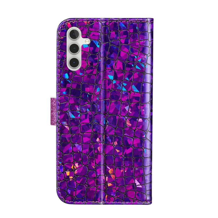 For Samsung Galaxy A14 5G Laser Glitter Powder Crocodile Texture Leather Phone Case(Purple) by buy2fix