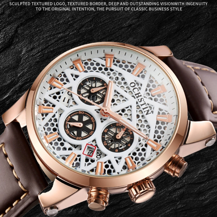 Ochstin 5052B Multifunctional Business Waterproof Leather Strap Quartz Watch(Rose Gold+Coffee) - Leather Strap Watches by OCHSTIN | Online Shopping UK | buy2fix