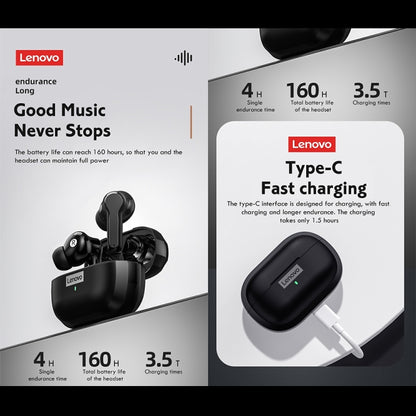 Lenovo LP1S TWS Wireless Bluetooth 5.0 Waterproof Sport Noise Reduction HIFI Bass Earphone with Mic(Black) - TWS Earphone by Lenovo | Online Shopping UK | buy2fix