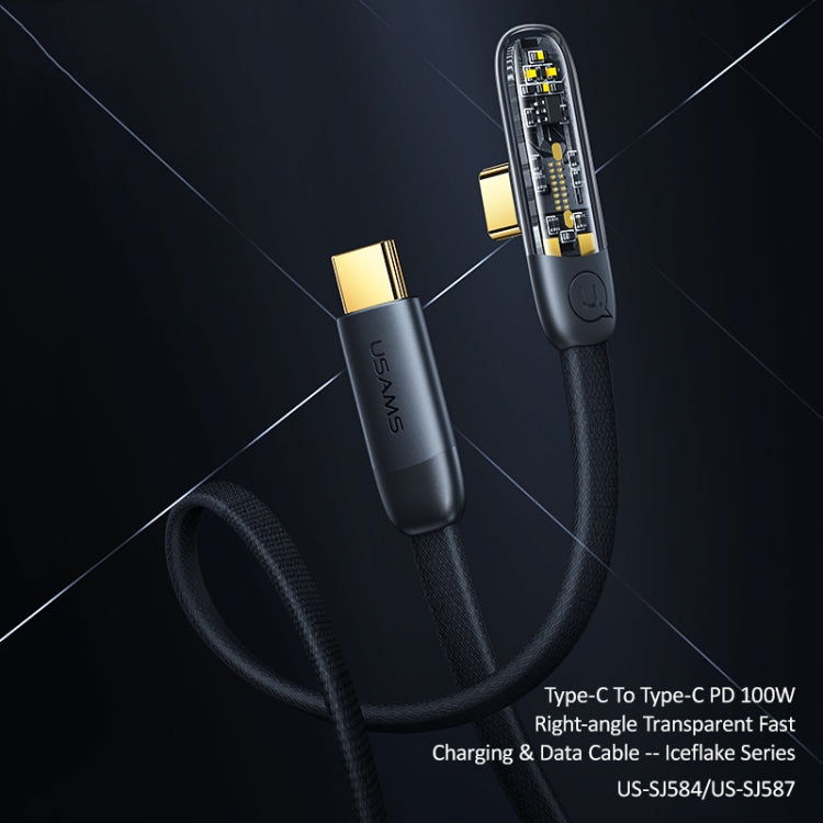 USAMS US-SJ584 PD 100W Iceflake Series Type-C to Type-C Right Angle Transparent Fast Charge Data Cable, Cable Length:1.2m(Black) -  by USAMS | Online Shopping UK | buy2fix