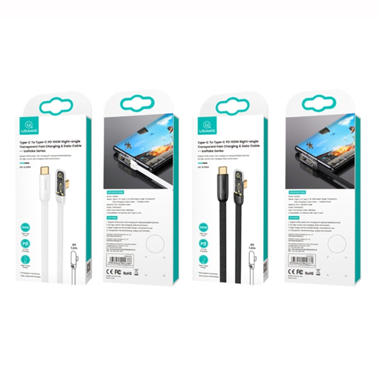 USAMS US-SJ584 PD 100W Iceflake Series Type-C to Type-C Right Angle Transparent Fast Charge Data Cable, Cable Length:1.2m(Black) -  by USAMS | Online Shopping UK | buy2fix