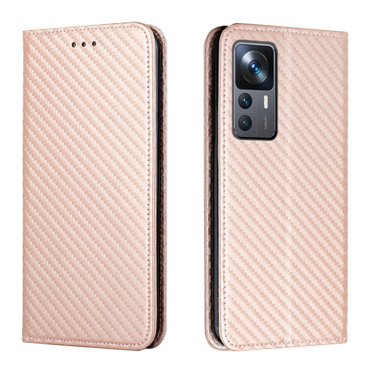 For Xiaomi 12T / 12T Pro / Redmi K50 Ultra Carbon Fiber Texture Magnetic Flip Leather Phone Case(Rose Gold) - Xiaomi Cases by buy2fix | Online Shopping UK | buy2fix