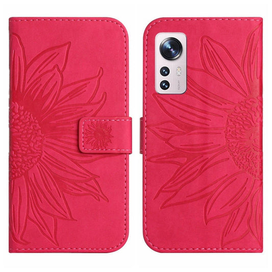 For Xiaomi 12 / 12X Skin Feel Sun Flower Pattern Flip Leather Phone Case with Lanyard(Rose Red) by buy2fix