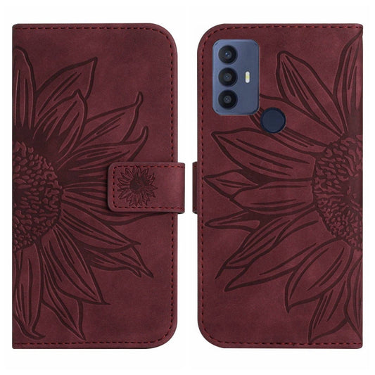 For TCL 30 SE/30E/306/305 Skin Feel Sun Flower Pattern Flip Leather Phone Case with Lanyard(Wine Red) by buy2fix