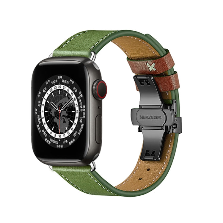 Butterfly Buckle Genuine Leather Watch Band For Apple Watch Ultra 49mm&Watch Ultra 2 49mm / Series 9&8&7 45mm / SE 3&SE 2&6&SE&5&4 44mm / 3&2&1 42mm(Green+Black Buckle) by buy2fix