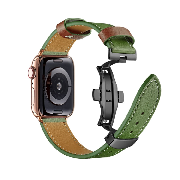 Butterfly Buckle Genuine Leather Watch Band For Apple Watch Ultra 49mm&Watch Ultra 2 49mm / Series 9&8&7 45mm / SE 3&SE 2&6&SE&5&4 44mm / 3&2&1 42mm(Green+Black Buckle) by buy2fix