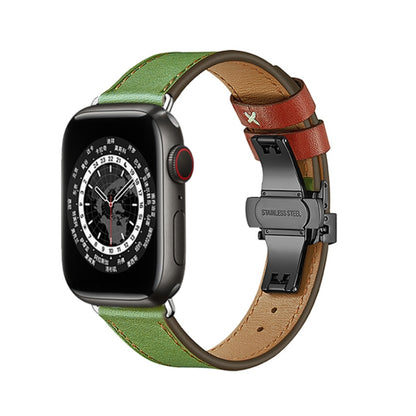 Butterfly Buckle Genuine Leather Watch Band For Apple Watch Ultra 49mm&Watch Ultra 2 49mm / Series 9&8&7 45mm / SE 3&SE 2&6&SE&5&4 44mm / 3&2&1 42mm(Green-Brown+Black Buckle) by buy2fix
