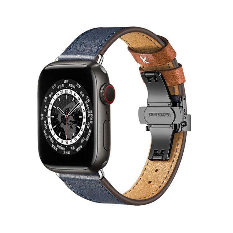 Butterfly Buckle Genuine Leather Watch Band For Apple Watch Ultra 49mm&Watch Ultra 2 49mm / Series 9&8&7 45mm / SE 3&SE 2&6&SE&5&4 44mm / 3&2&1 42mm(Blue-Brown+Black Buckle) by buy2fix