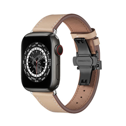 Butterfly Buckle Genuine Leather Watch Band For Apple Watch Ultra 49mm&Watch Ultra 2 49mm / Series 9&8&7 45mm / SE 3&SE 2&6&SE&5&4 44mm / 3&2&1 42mm(Apricot+Black Buckle) by buy2fix