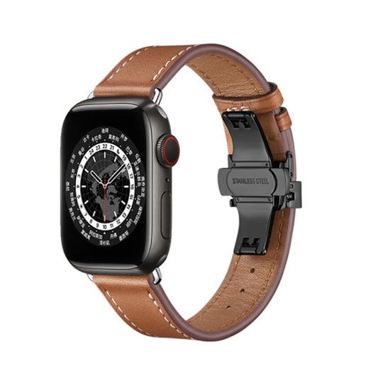 Butterfly Buckle Genuine Leather Watch Band For Apple Watch Ultra 49mm&Watch Ultra 2 49mm / Series 9&8&7 45mm / SE 3&SE 2&6&SE&5&4 44mm / 3&2&1 42mm(Brown+Black Buckle) by buy2fix