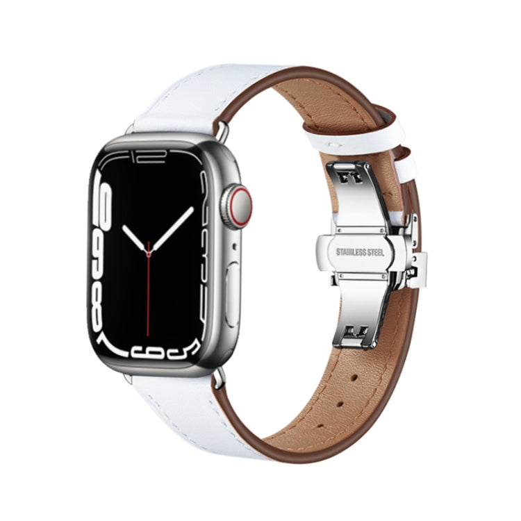 Butterfly Buckle Genuine Leather Watch Band For Apple Watch Ultra 49mm&Watch Ultra 2 49mm / Series 9&8&7 45mm / SE 3&SE 2&6&SE&5&4 44mm / 3&2&1 42mm(White+Silver Buckle) by buy2fix