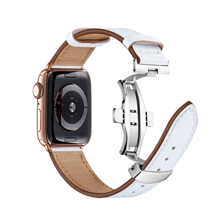 Butterfly Buckle Genuine Leather Watch Band For Apple Watch Ultra 49mm&Watch Ultra 2 49mm / Series 9&8&7 45mm / SE 3&SE 2&6&SE&5&4 44mm / 3&2&1 42mm(White+Silver Buckle) by buy2fix
