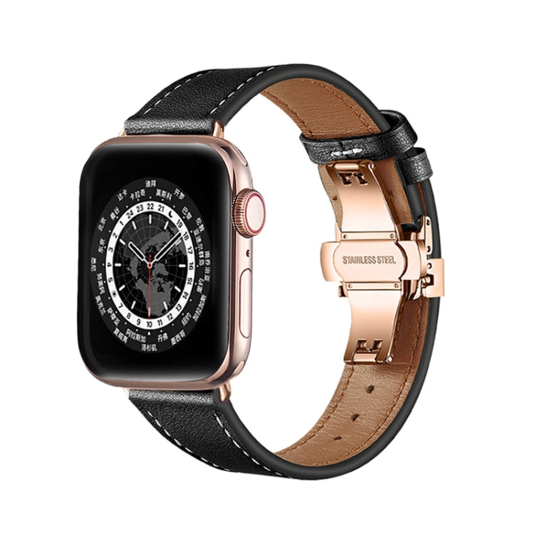 Butterfly Buckle Genuine Leather Watch Band For Apple Watch Ultra 49mm&Watch Ultra 2 49mm / Series 9&8&7 45mm / SE 3&SE 2&6&SE&5&4 44mm / 3&2&1 42mm(Black+Rose Gold Buckle) by buy2fix