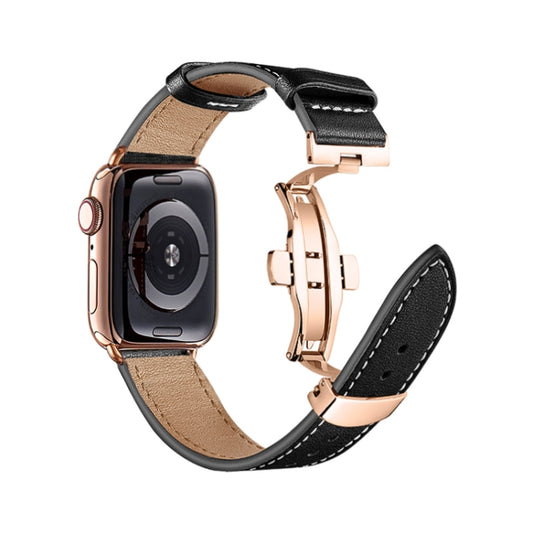 Butterfly Buckle Genuine Leather Watch Band For Apple Watch Ultra 49mm&Watch Ultra 2 49mm / Series 9&8&7 45mm / SE 3&SE 2&6&SE&5&4 44mm / 3&2&1 42mm(Black+Rose Gold Buckle) by buy2fix