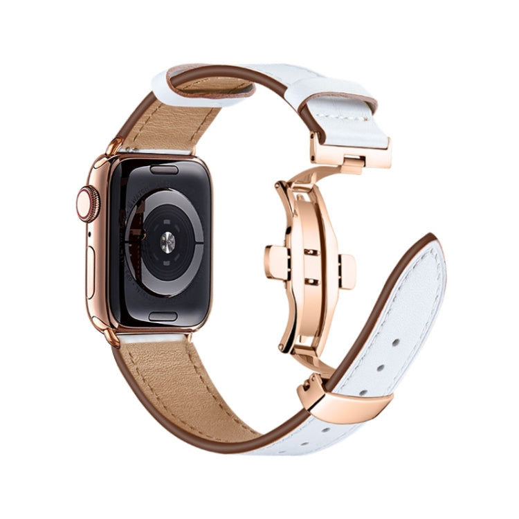 Butterfly Buckle Genuine Leather Watch Band For Apple Watch Ultra 49mm&Watch Ultra 2 49mm / Series 9&8&7 45mm / SE 3&SE 2&6&SE&5&4 44mm / 3&2&1 42mm(White+Rose Gold Buckle) by buy2fix