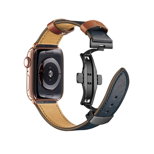 Butterfly Buckle Genuine Leather Watch Band For Apple Watch Series 9&8&7 41mm / SE 3&SE 2&6&SE&5&4 40mm / 3&2&1 38mm(Blue-Brown+Black Buckle) by buy2fix